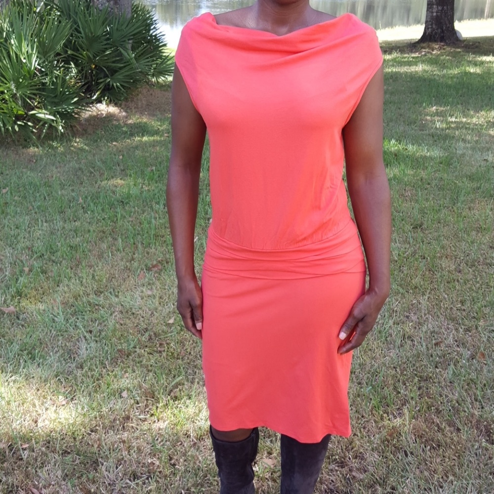 Vintage Ann Taylor Dress Midi Dressy Jersey Knee Length Sheath Stretch Coral S